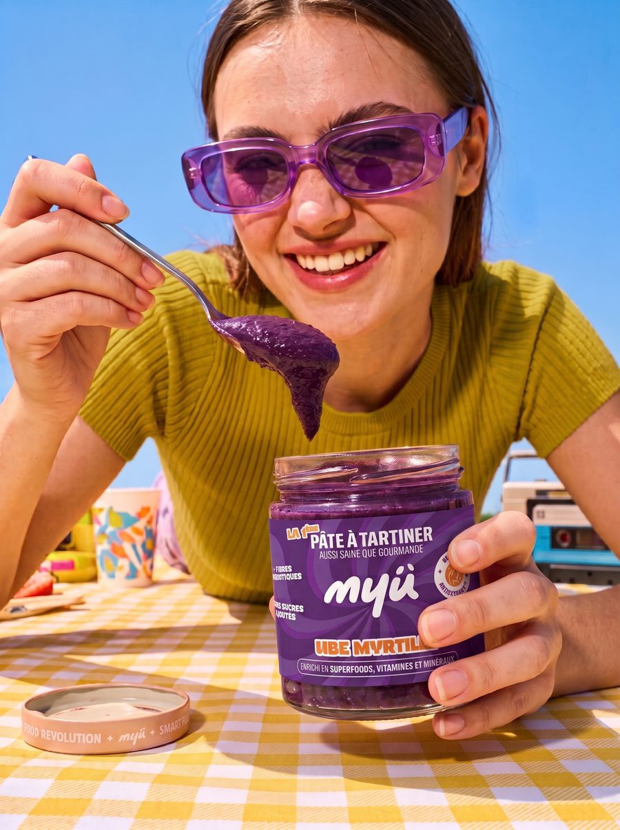 Une jeune femme savoure une cuillère de pâte à tartiner MYÜ Ube Myrtille